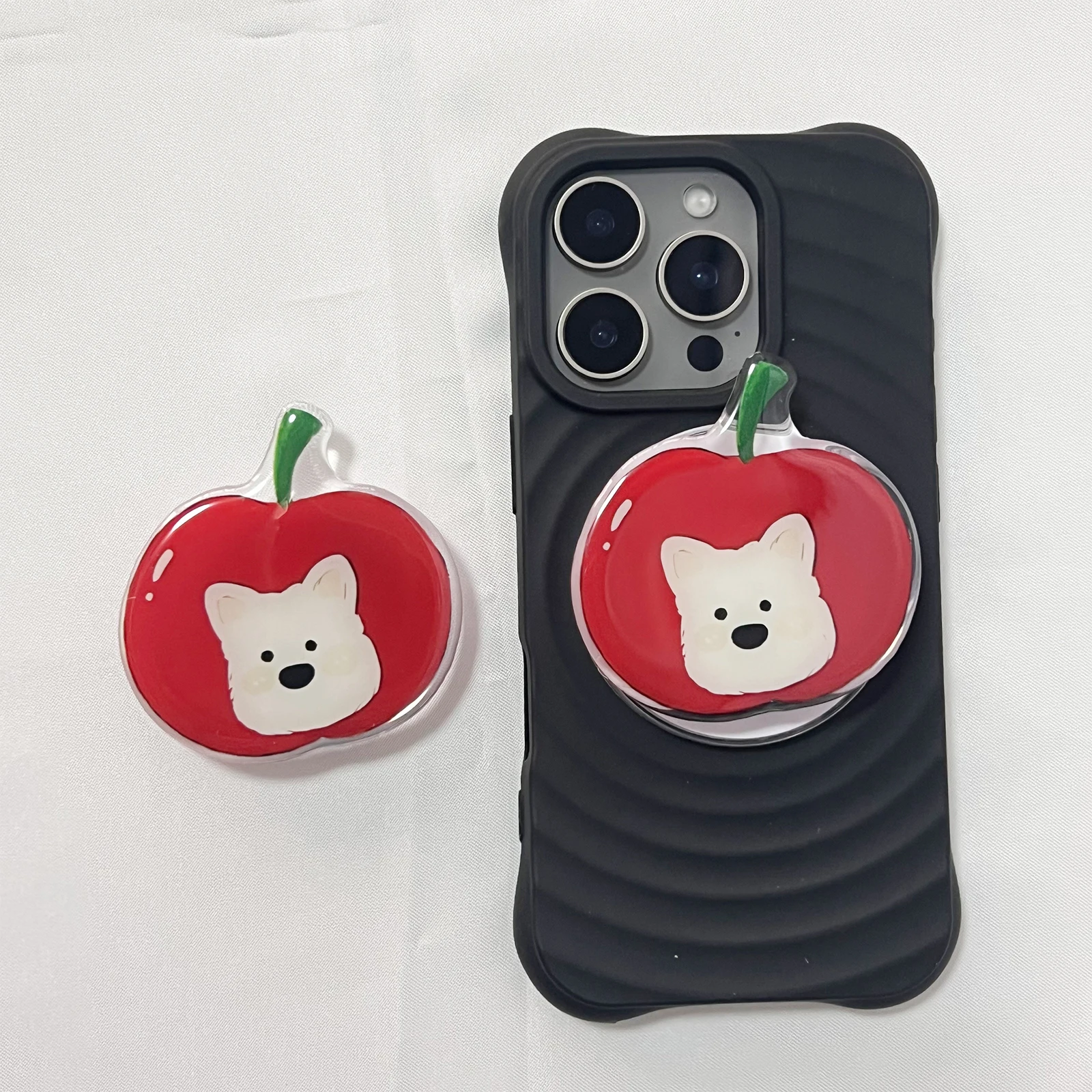 Bonito animal de estimação vermelho apple e ahite cão suporte do telefone griptok suporte para iphone 17 16pm samsung caso soquete suporte presente da menina