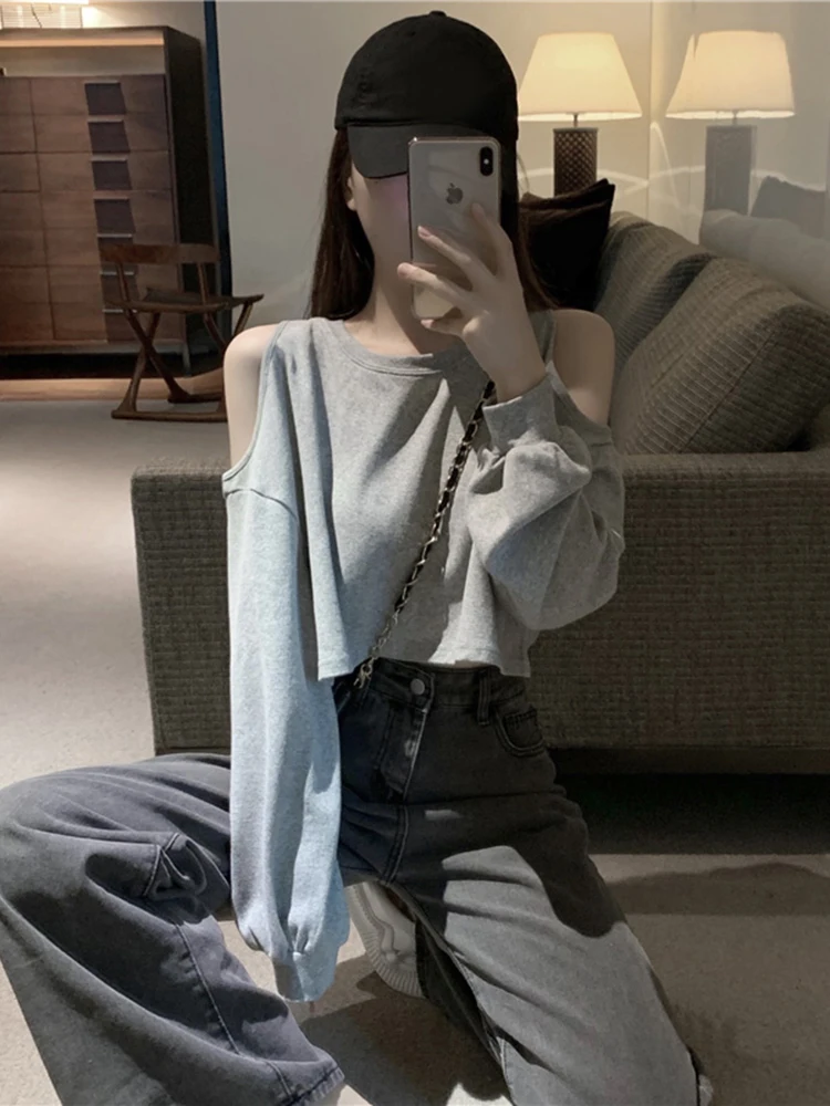 

Сексуальная женская футболка с открытыми плечами и длинными рукавами, свободного кроя, модная повседневная одежда в корейском стиле, с круглым вырезом, укороченный топ