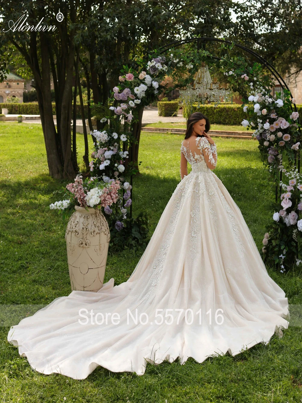 Alonlivn Beauty Beading Flowers Appliques Lace A-Line Wedding Dresses Novias Full Sleeves Court Train O-Neck Bridal Gown