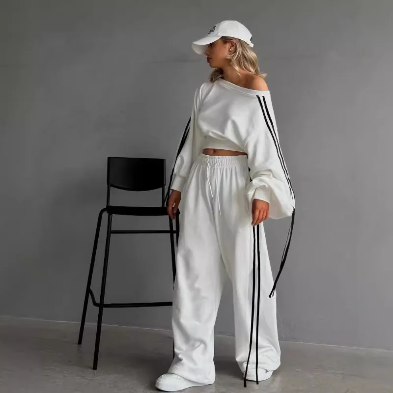 

Retro Solid Color Fashion Casual Set Autumn and Winter Sports Two-piece Set Ribbon Decorative Pullover High Waisted Loose Pants