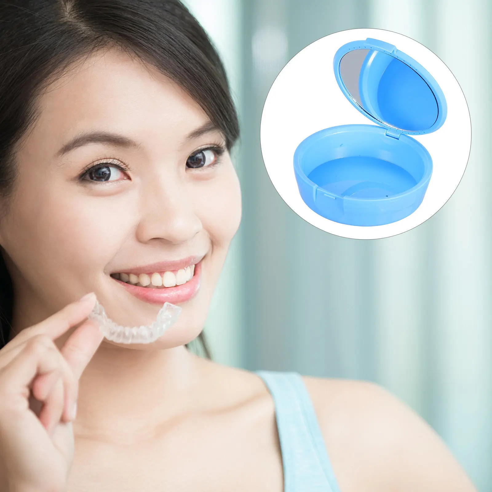 

Круглая коробочка для ретейнеров с зеркалом, компактная, легкая, пластиковая, для хранения зубных протезов, молочных зубов, маленьких протезов.