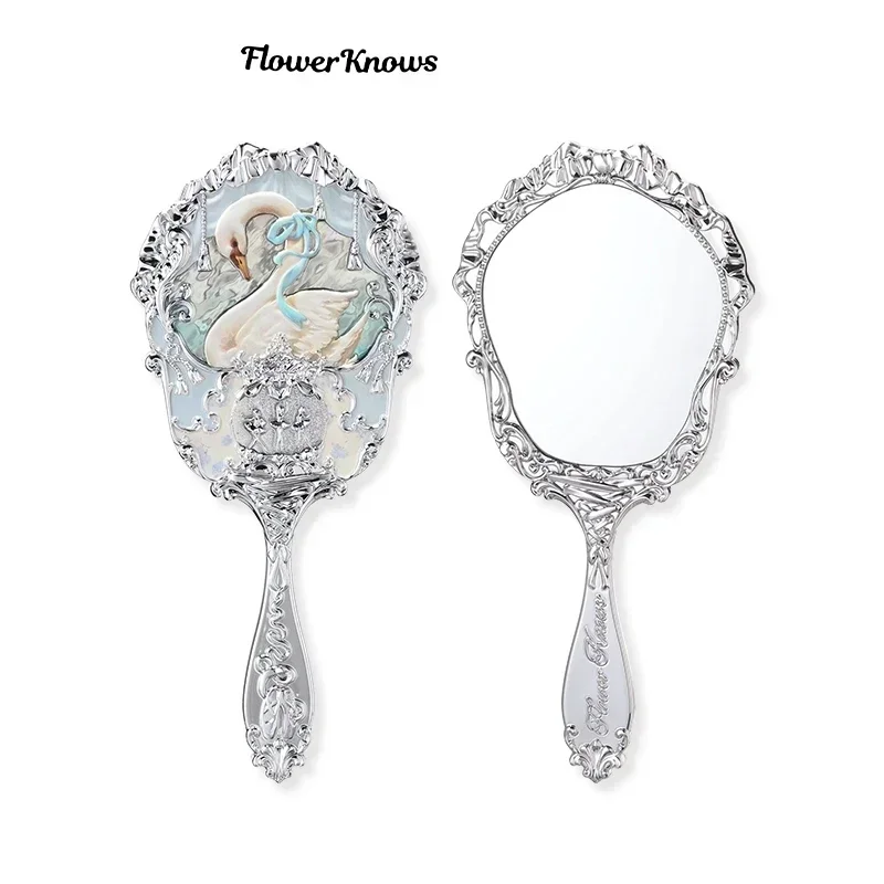 Flower Knows Swan Ballet Series Hand Holding Mirror Rare Beauty Exquisite Relief Makeup Tools Pink Blue White Cosmetics