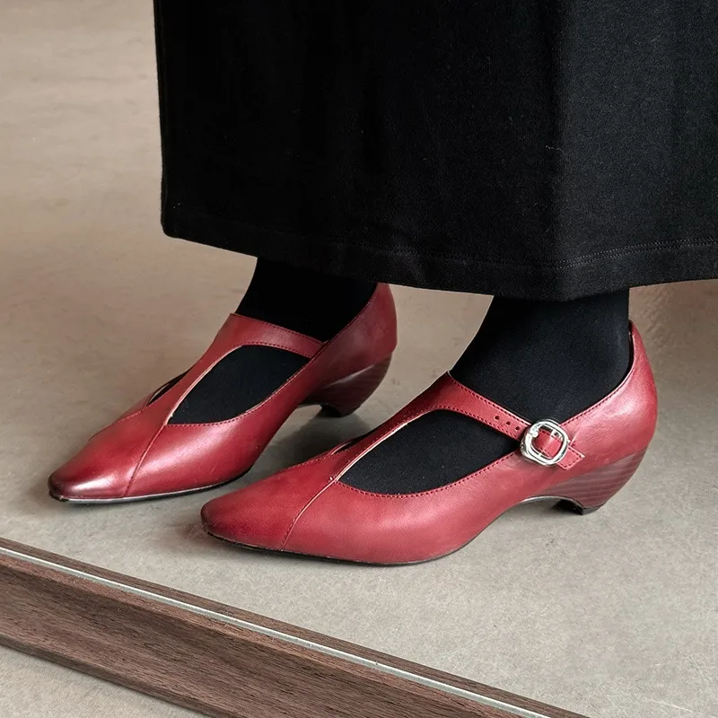 

MKKHOU модные туфли-лодочки, новая обувь высокого качества из натуральной кожи, женская обувь на высоком каблуке с Т-образной пряжкой в стиле ретро