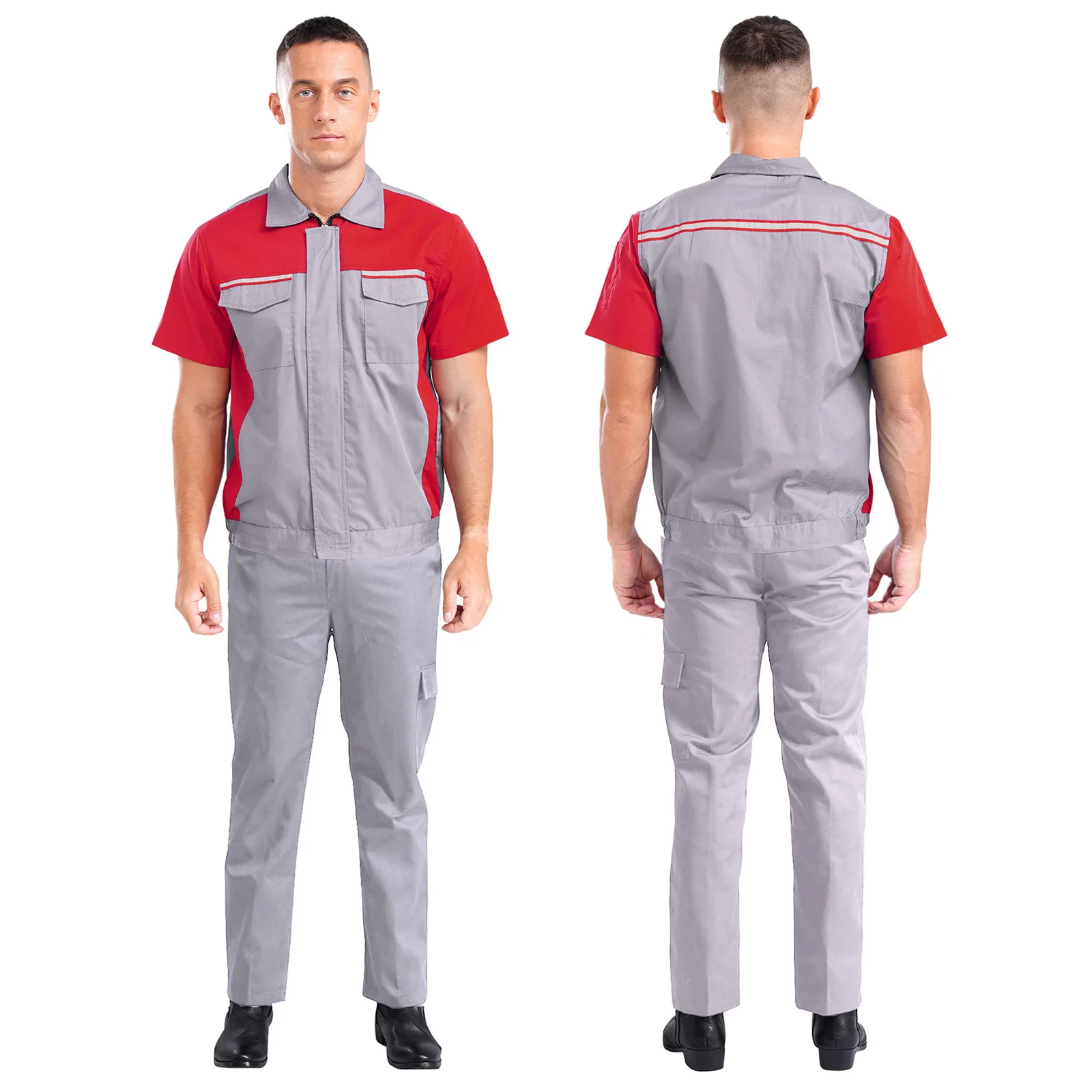 Zweiteiliges Herren-Arbeits-Outfit-Set, kurzärmelige Taschen, reflektierendes Streifen-Oberteil und Hosen mit elastischem Bund, Latzhose, Arbeitsuniformen