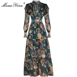 MoaaYina Fashion Designer dress Spring Women's Dress Lace-up Stand collar Long sleeves Ruffles Vintage Print Dresses