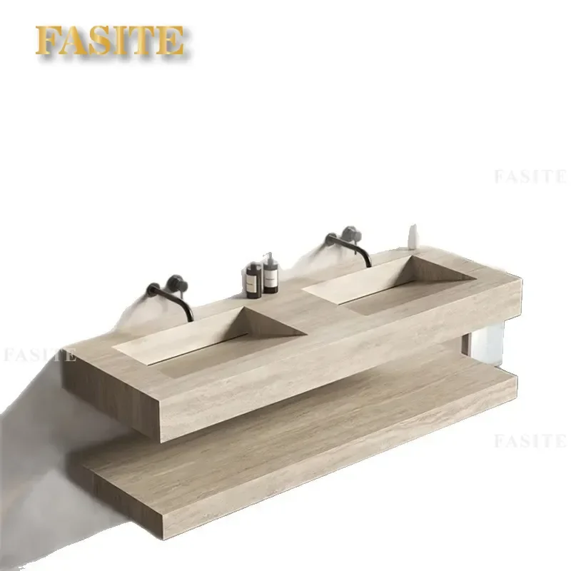 For Bathroom Minimalist Integrated Seamless Travertine Rock Slab Cabinet Double Basin Sink Hotel Vanity Washbasin Combo