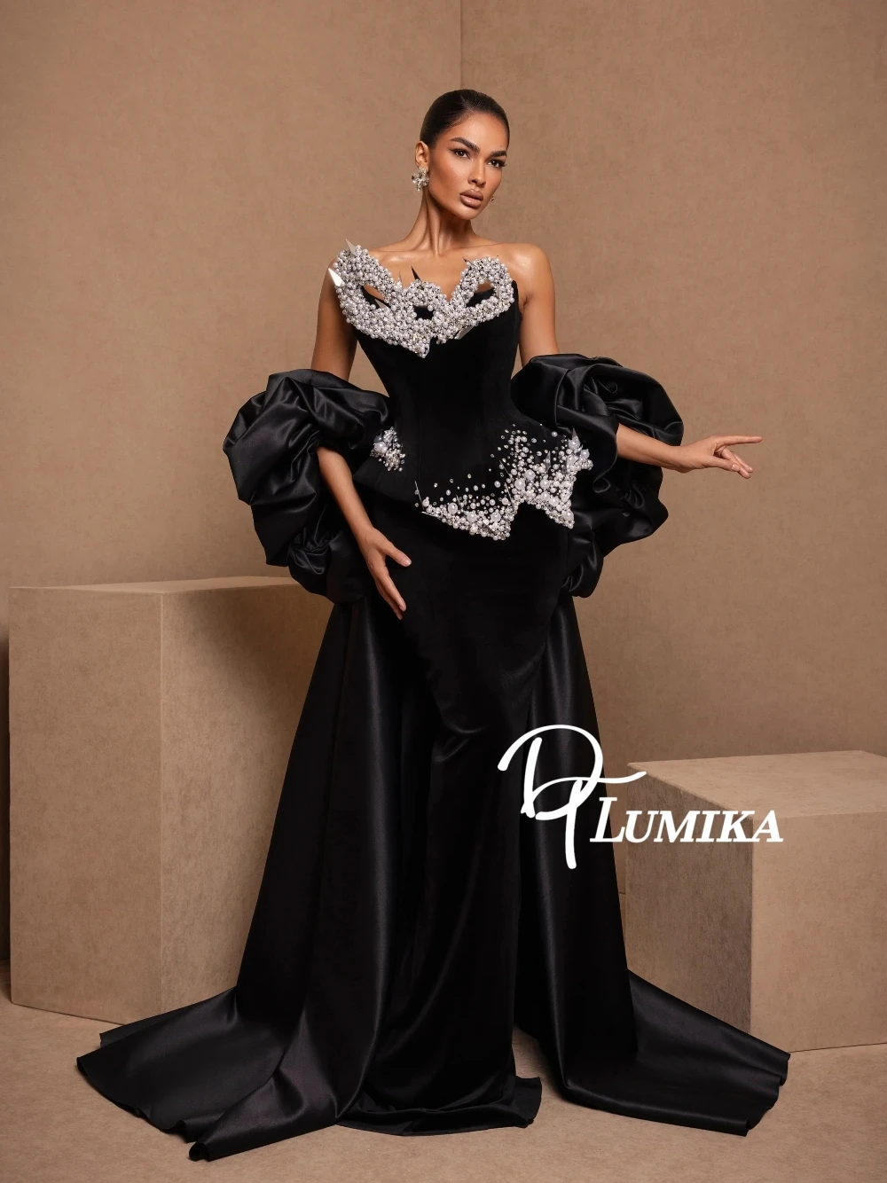 

Вечернее платье DTLumika черное, из двух частей, с шлейфом, шикарное, роскошное, расшитое бисером, без бретелек, для выпускного вечера, на заказ, изысканное, для вечеринок