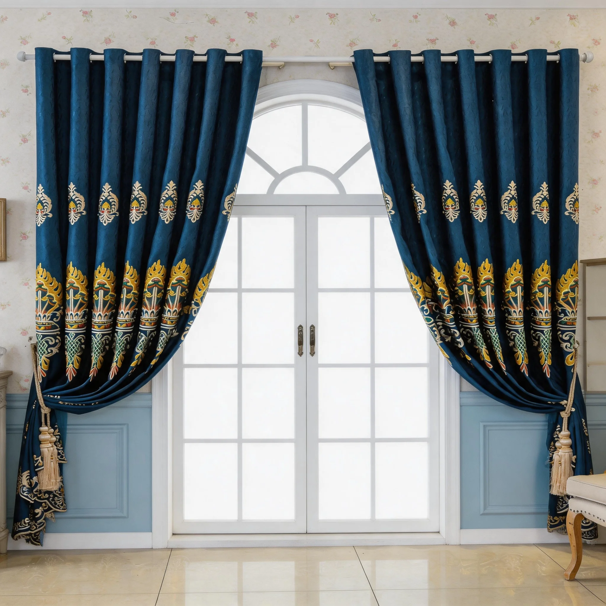 1PC European Style Thick Chenille Embroidered Curtain, Living Room Bedroom Light Blocking Sunscreen, High-End Elegant Window Tre