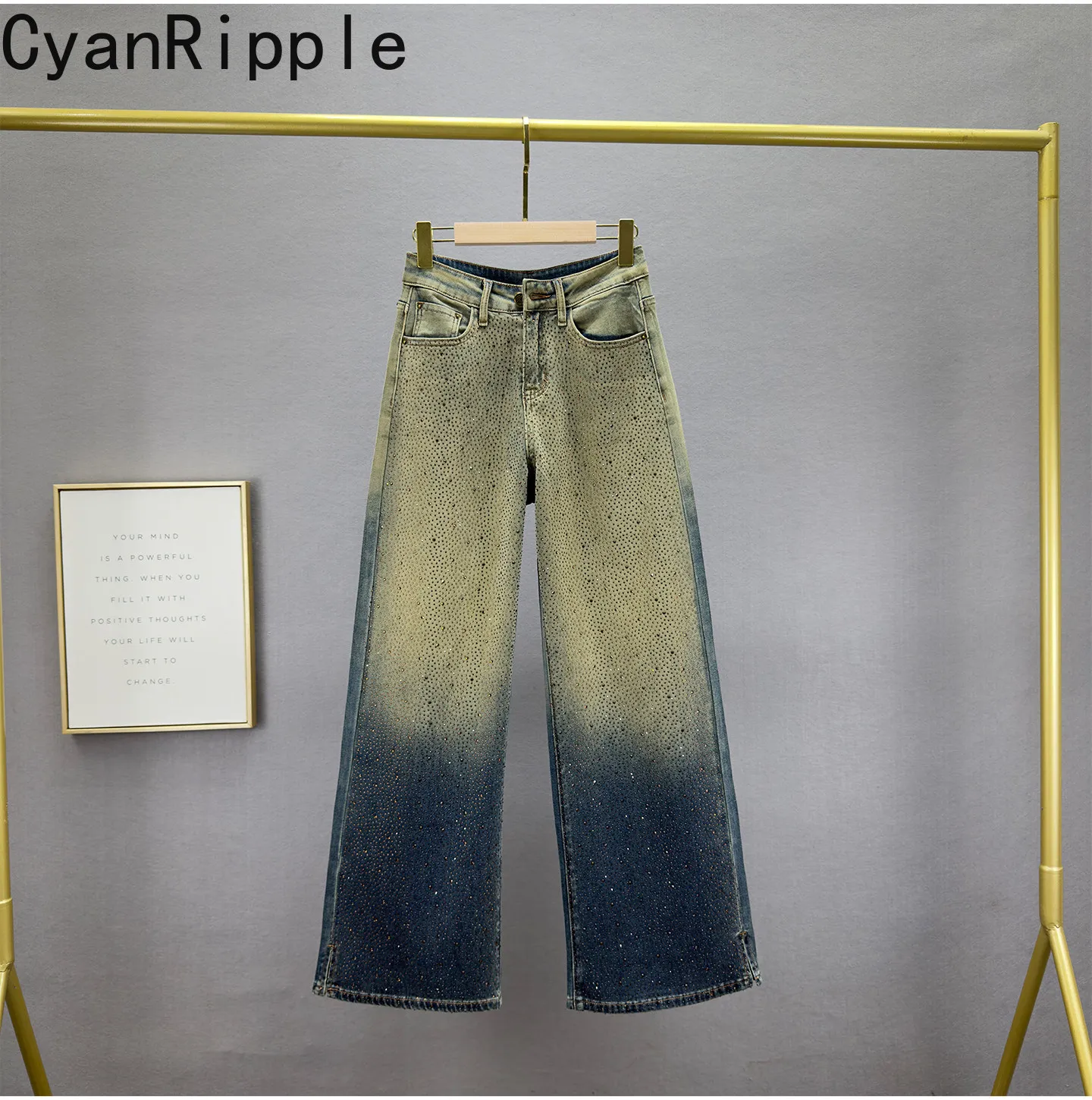Luxury Gradient Hot Diamonds Women Straight Jeans Fashionable New Autumn All-match High Waist Floor-length Wide Leg Denim Pants