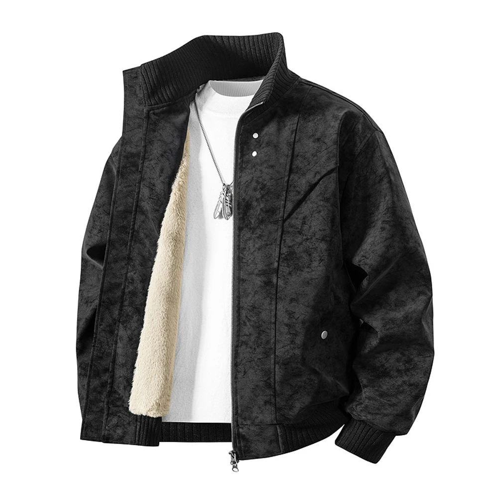 Winter Men's Fleece Lined Suede Leather Jackets Man Warm Streetwear Motorcycle Coats Man Thermal Windbreaker Cargo PU Jackets