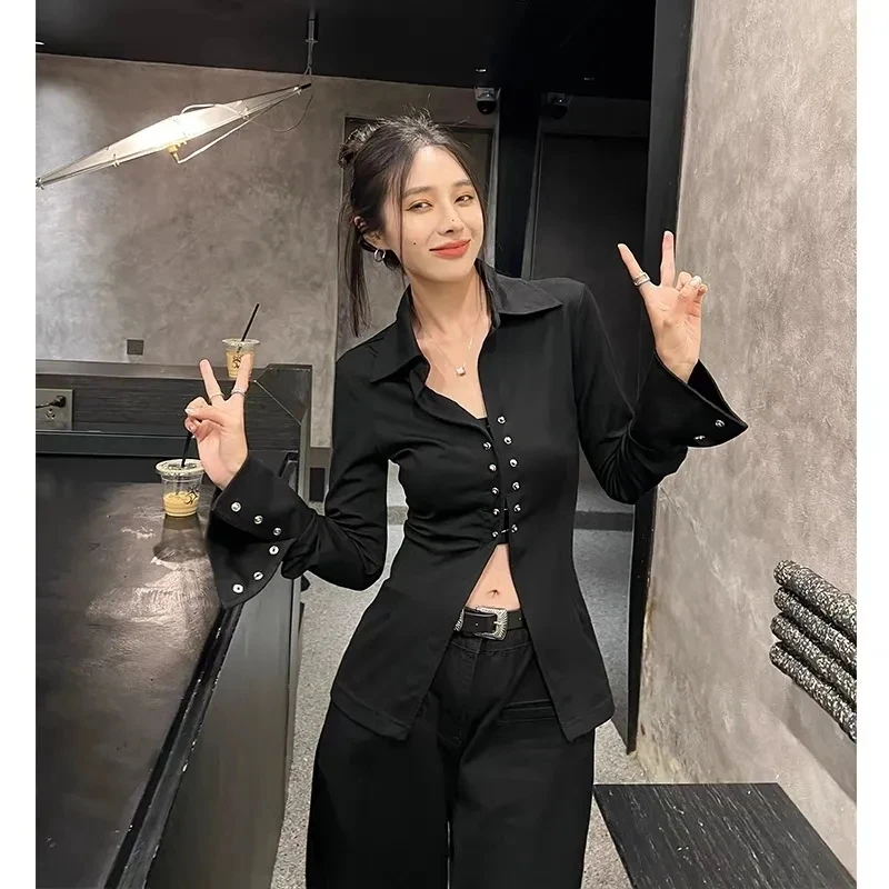 Y2K Streetwear Shirts Women Vintage V Neck Button Black Blouses Office Lady Korean Basic Long Sleeve Turn Down Collar Slim Tops