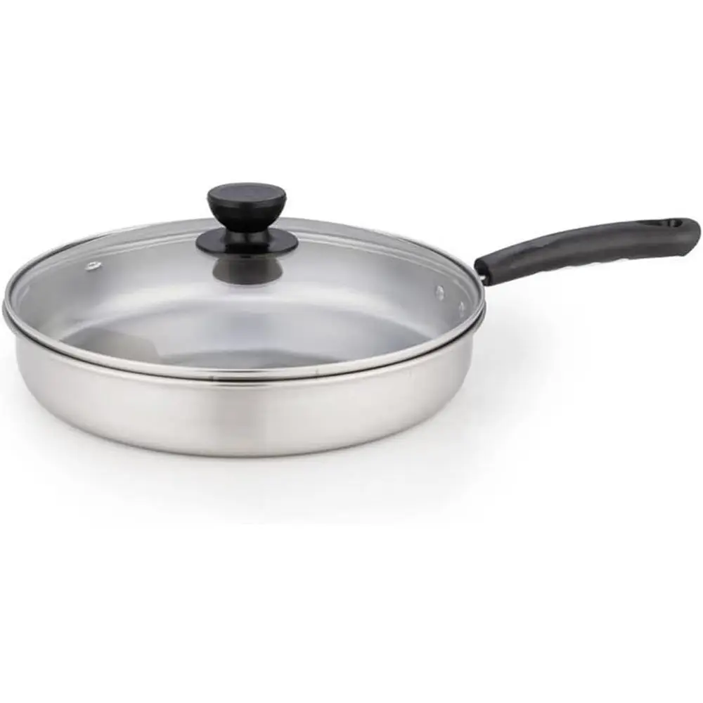 

23cm, 25cm, 27cm Stainless Steel Frying Pans with Glass Lids, Silver Uncoated Skillet Wok Cookware Set