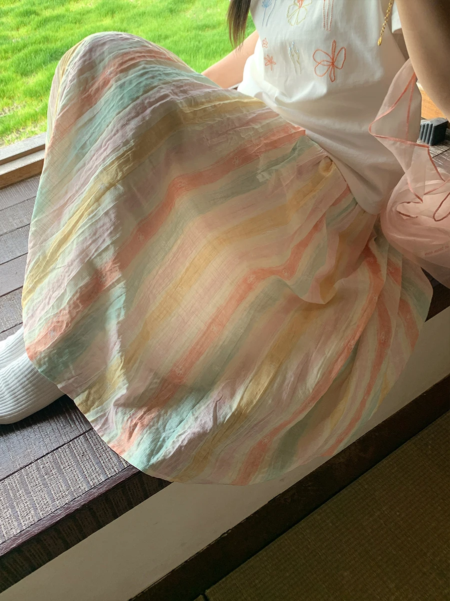 

Holid Map Rainbow Stripe Vintage A-Line Midi Skirt Women's High Waist Pleated Cotton Lyocell Blend Mid-Length f Skirt
