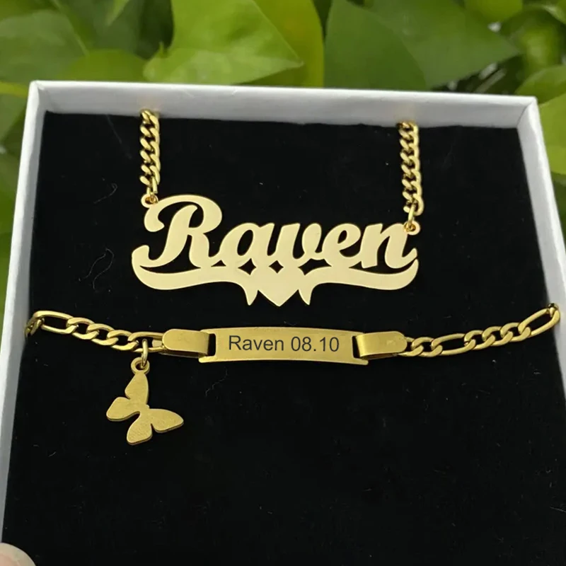 Custom Engraved Chirldren's Name Bracelets 30cm Necklace Jewelery Sets for Kids Baby Stainless Steel Personlized Christmas Gift