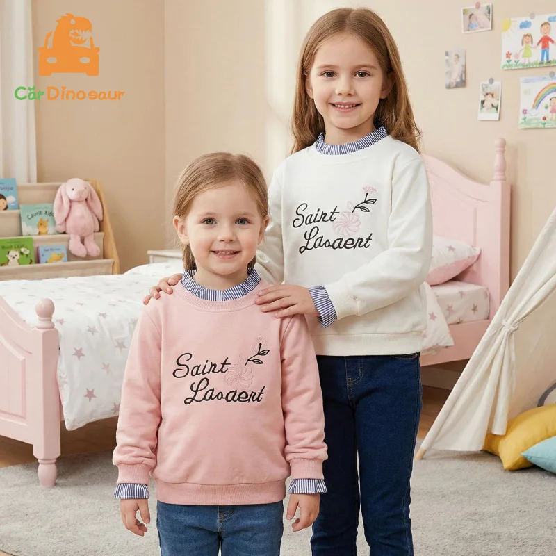 Spring Autumn 3 4 5 6 8 10 12 Years Children Hoodies Crew-Neck Letter Print Patchwork Fake 2 Pcs Kids Baby Girl Sweatshirt