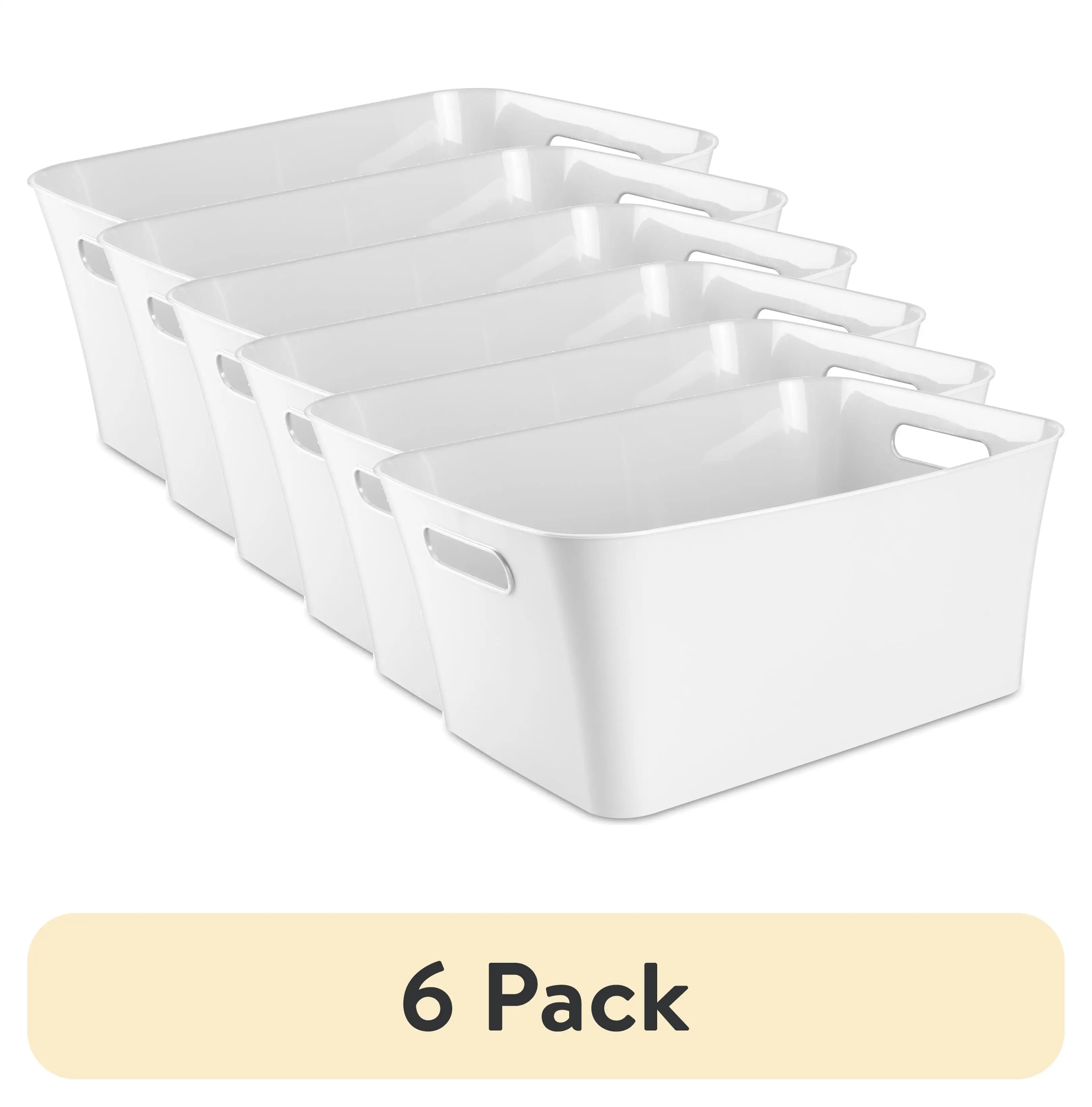 

(6 pack) Large Bin, Open Plastic Storage Containers, Versatile Stylish Organizers with Handles, White
