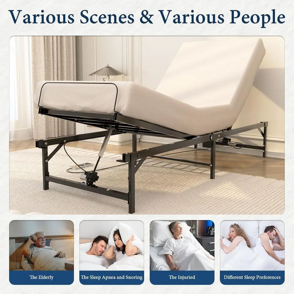 Cadre de lit réglable en acier Twin XL avec inclinaison indépendante de la tête et du pied, télécommande incluse, rétention du matelas