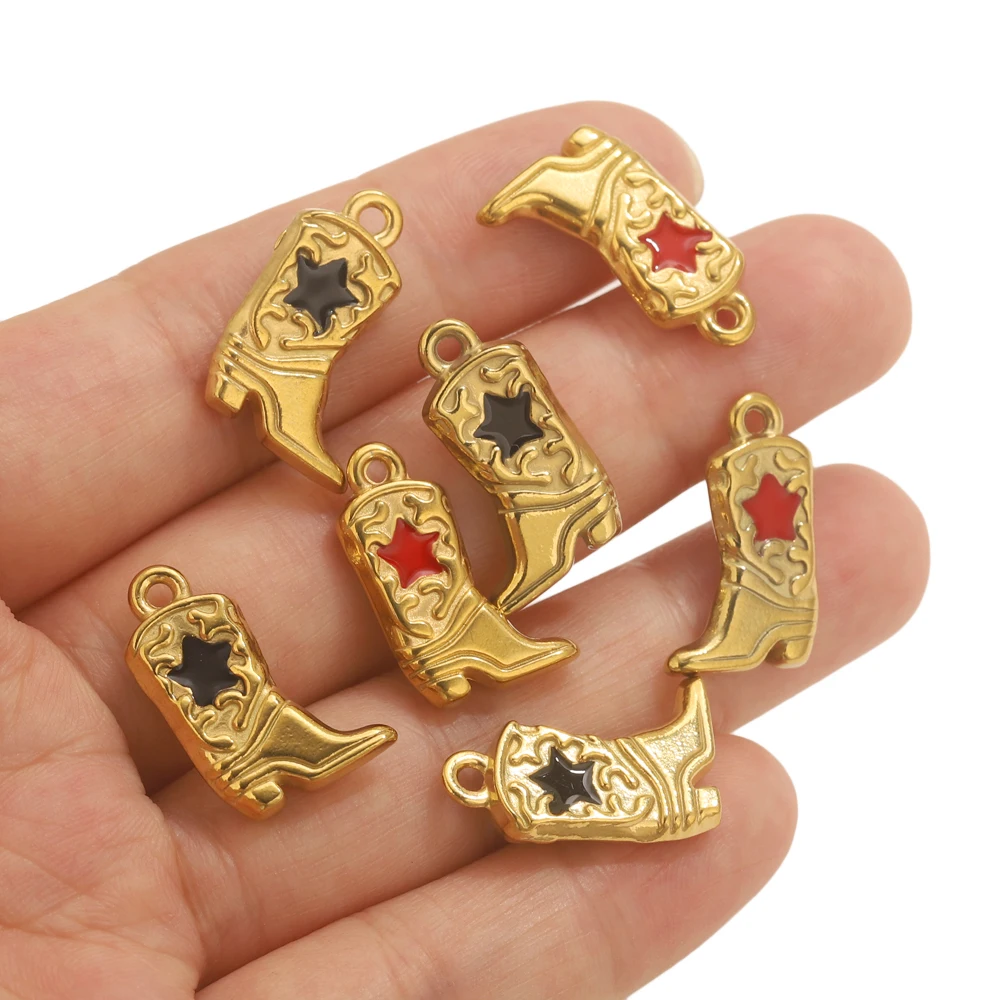 5PCS Stainless Steel 18K Gold Plated Cowboy Boot Pendants Enamel Coated Western Style Amulets Durable Jewelry Accessories