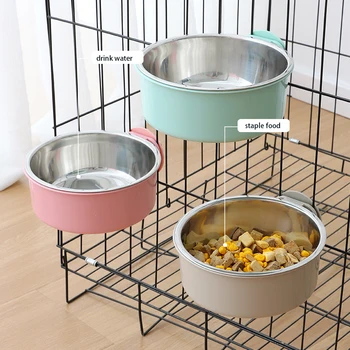 Pet Food Bowl Hanging Stainless Steel Pet Bowl Dogs Cats The 2-in-1 design is detachable Supplies Fixed Cat Bowl Crate Drinking 3