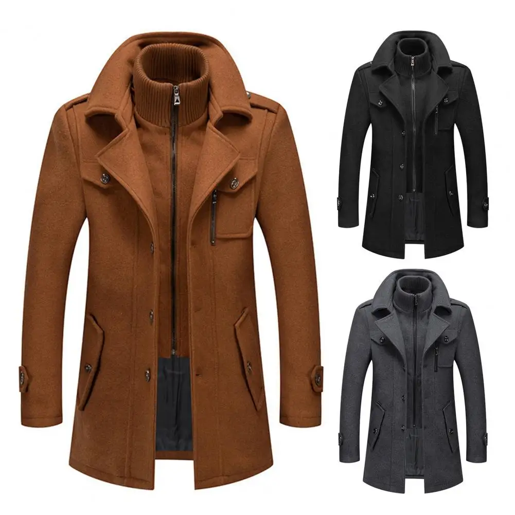 Mid-length Woolen Coat Stylish Men's Woolen Coat with Double Stand Collar Long Sleeve Pockets Solid Color Jacket for Autumn