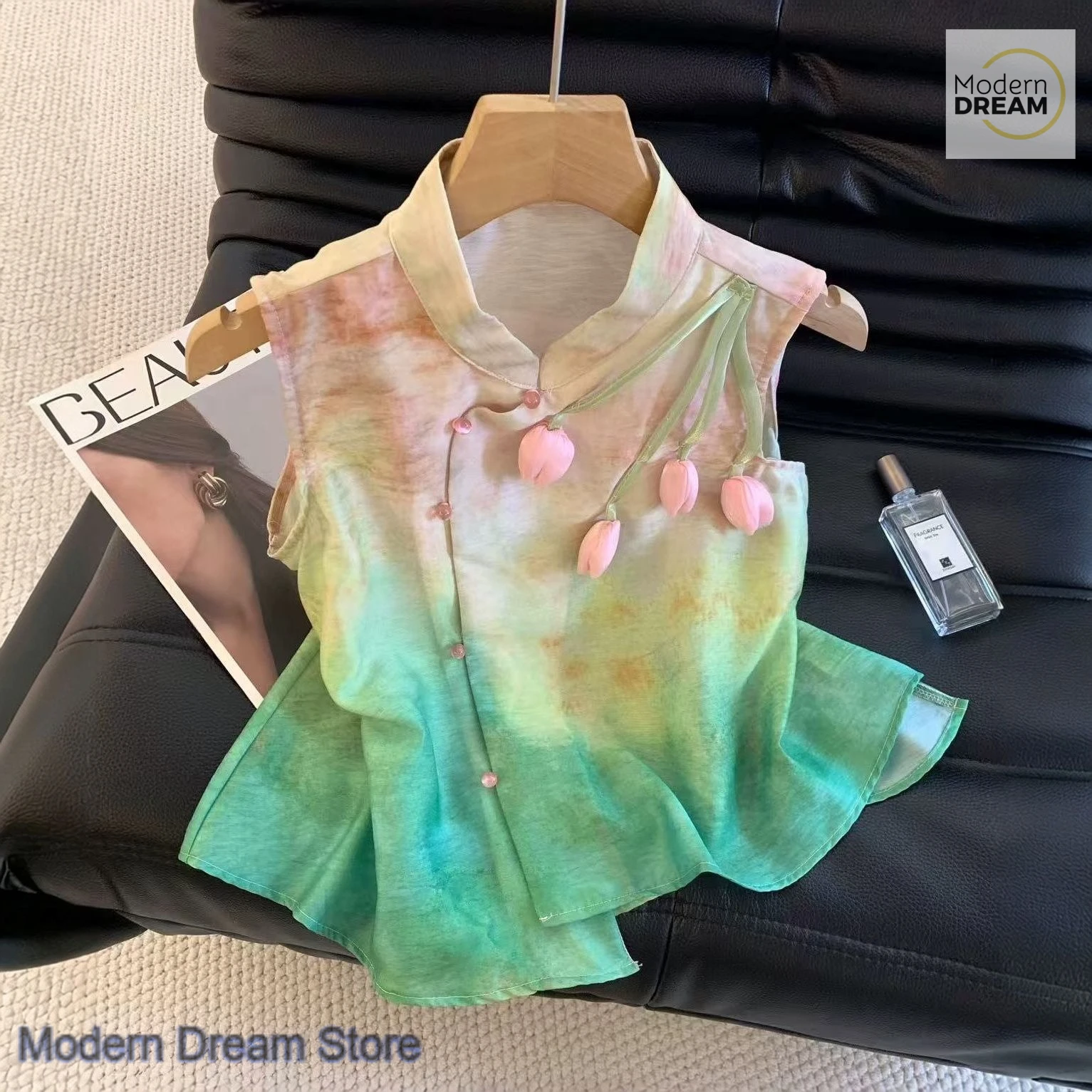 

New Chinese three-dimensional tulip sleeveless shirt women's summer fashion national style buckle vest leisure collar chic top