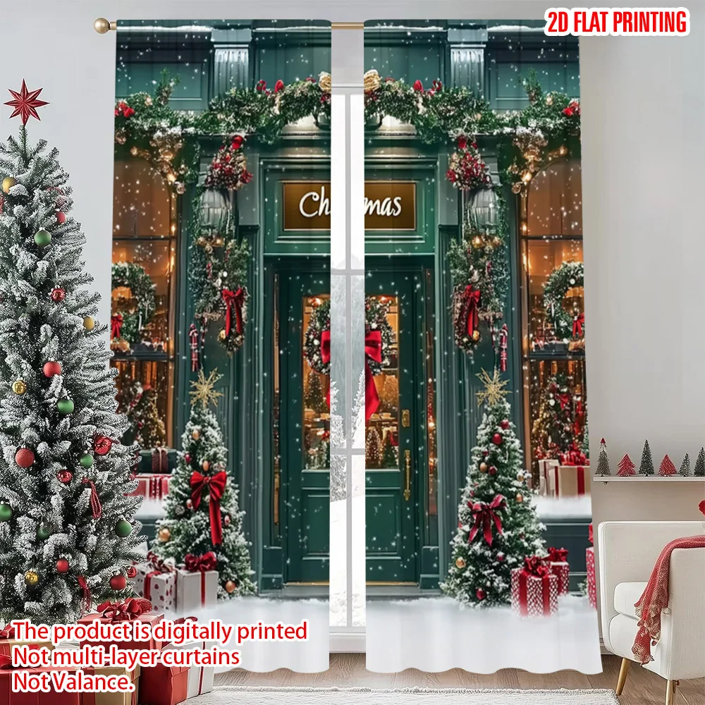 

2pcs 2D flat printing Merry Christmas Popular Window Drapes Vintage family party Versatile Durable Polyester Without Electricity