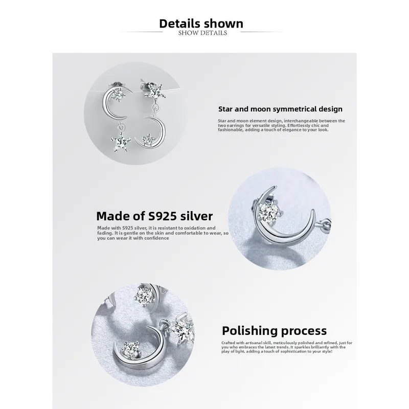 Korean version asymmetrical star and moon stud earrings made of S925 silver with fine inlays. Women's earrings. Anti-allergic