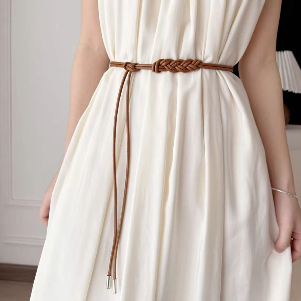 New Braided Leather Thin Belt Metal head Knotted Long Dress String Waistband PU leather Decorative Coat Belt Waist strap