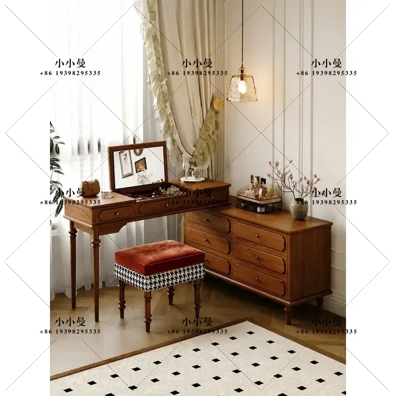 Medieval Style Simple Makeup Table End of Bed Corner Storage Cabinet Solid Wood Chest Dresser Integrated Bedroom Household