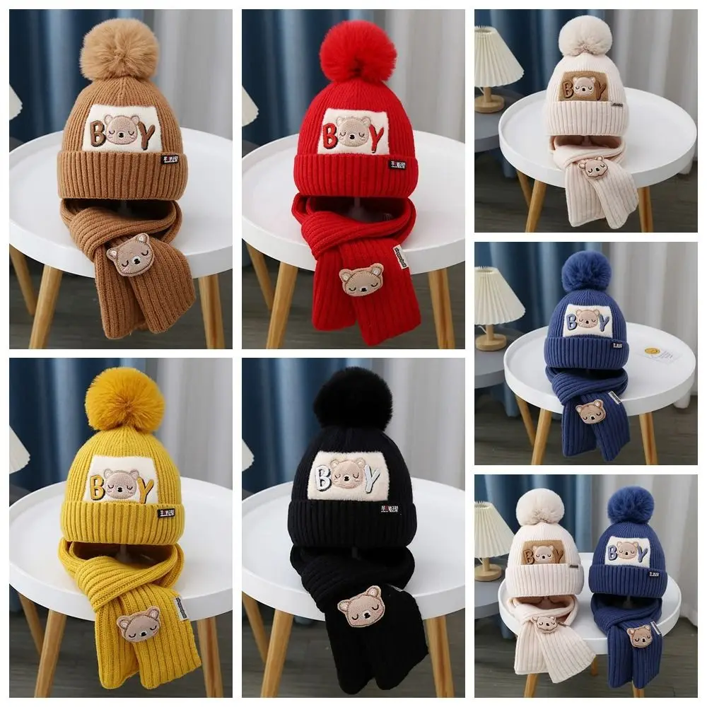 Autumn Bear Baby Hat Scarf Set Solid Color Korean Style Kids Crochet Hat Neck Scarf Children's Ear Protection Hat Windproof