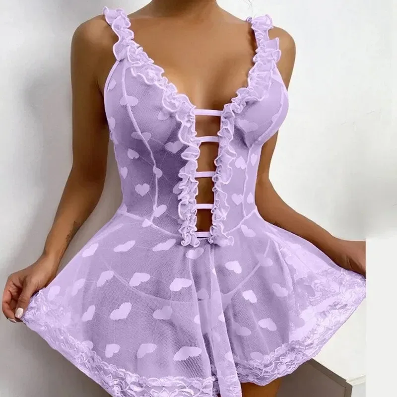 Romantic Night Lace Sexy Lingerie Dress Ruffles Women Sex Love Babydoll Hot Hollow Open Bra Nightgowns Costumes - view 2