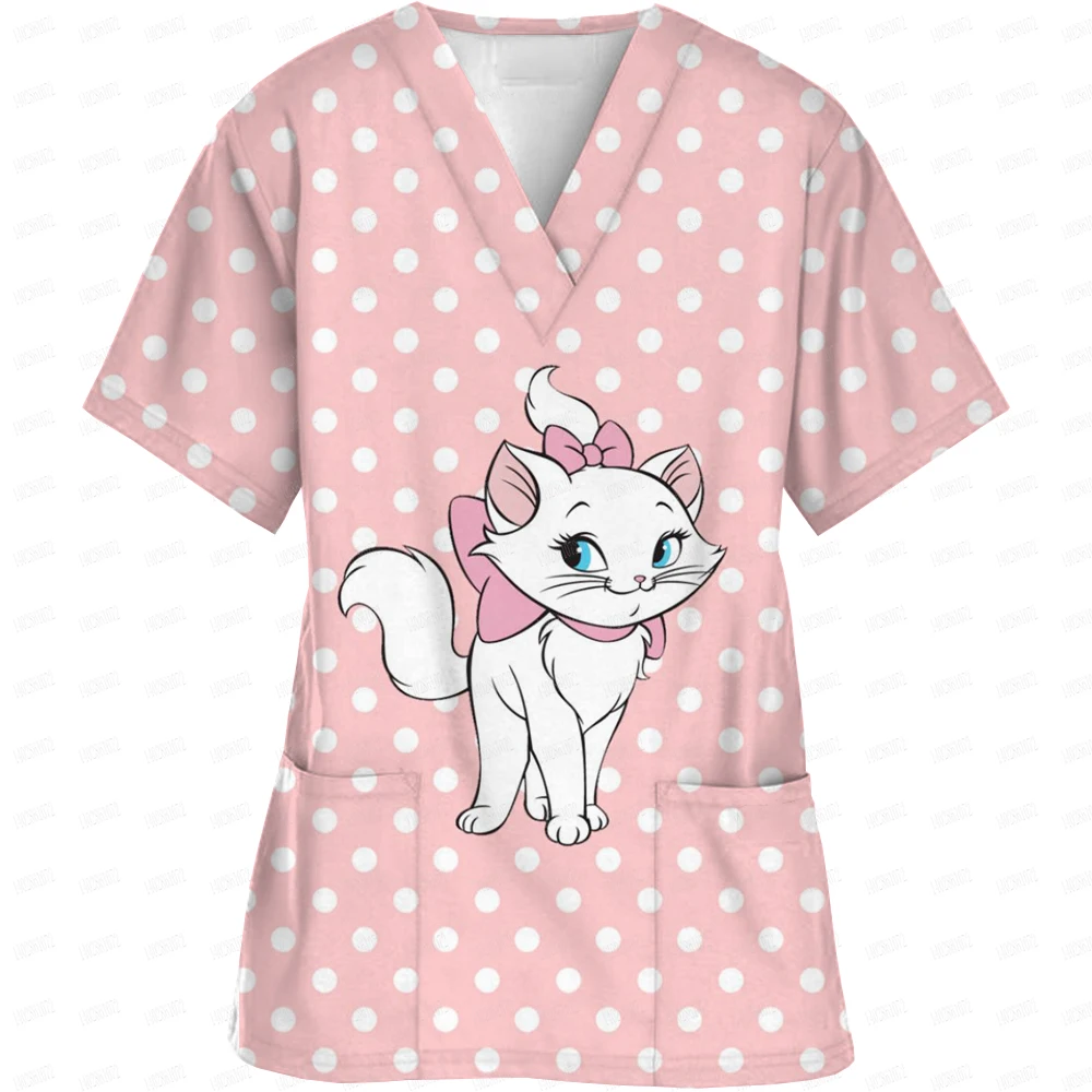 Nurse Uniform Women Short Sleeve Disney Mary Cat Print Working Uniform Pocket Blouse Scrubs Tops Nursing Medical Uniforms Access