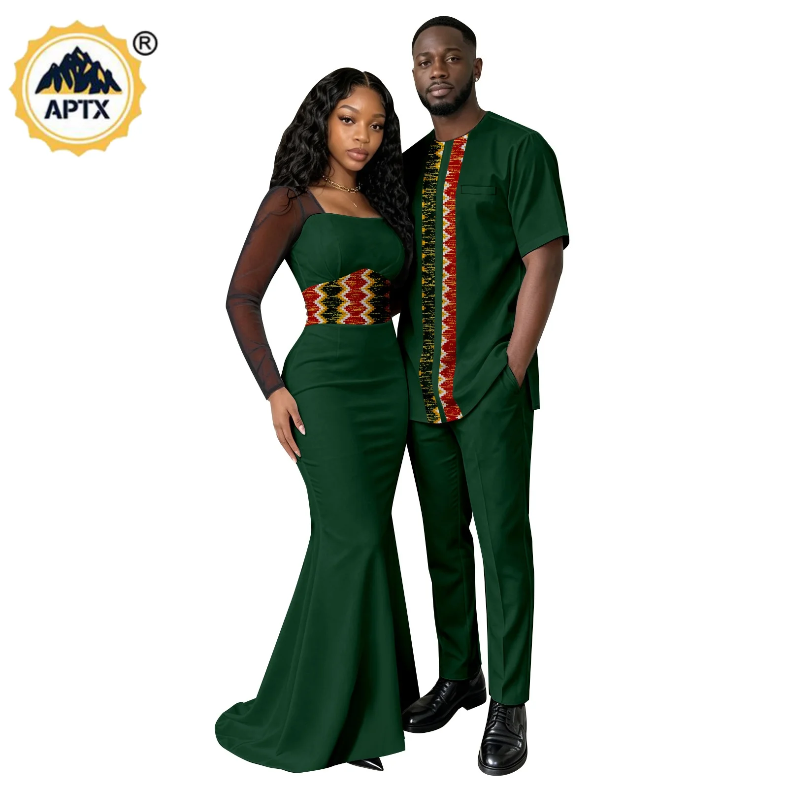 African Print Yarn Long Mermaid Dresses for Women Vestidos Matching Couple Outfits Dashiki Men Top Shirt and Pant Sets 26C070