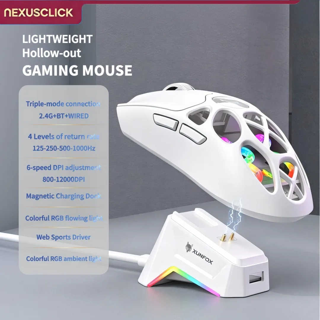 NexusClick Tri-Mode Wireless Gaming Mouse, 2.4G/Bluetooth/Wired 1000Hz 12000DPI RGB Magnetic Charging Dock E-sports Mice for PC