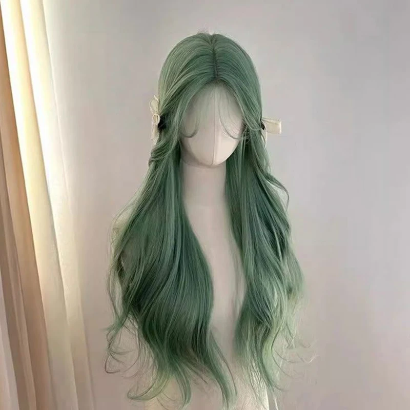 

New menthol green wig for women, natural and realistic full wig with wavy long curls made of synthetic fiber