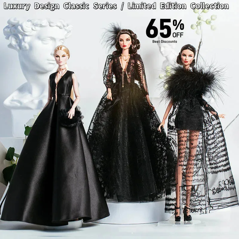 

30cm Supermodel Doll Luxury Outfit High Quality Design Black Temperament Evening Gown Party Dress Up Set Limited Collection Gift