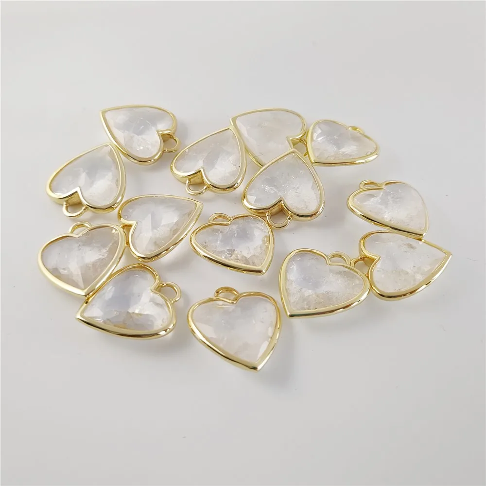 FUWO Natural Clear Quartz Charms Pendant,Golden Plated Heart-Shaped Crystal Accessories For Women Jewelry Making PD472 5Pcs/Lot