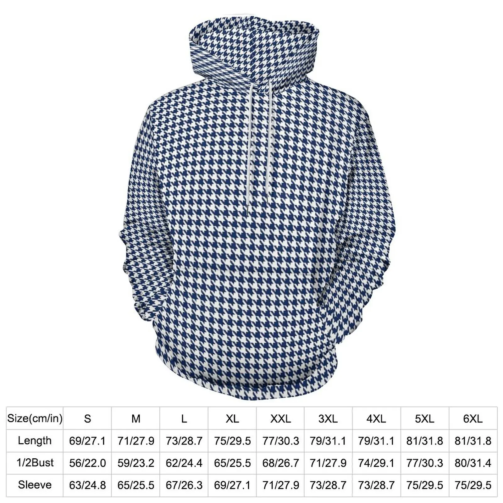 Houndstooth Casual Hoodies Male Navy Blue White Elegant Printed Hooded Sweatshirts Winter Long-Sleeve Loose Oversized Hoodie