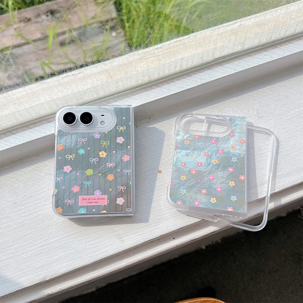 New Korea Ins Cartoon Colorful Floral print Phone Case For iPhone Duo Foldable Protective Cover Cute Cases Shockproof Silver