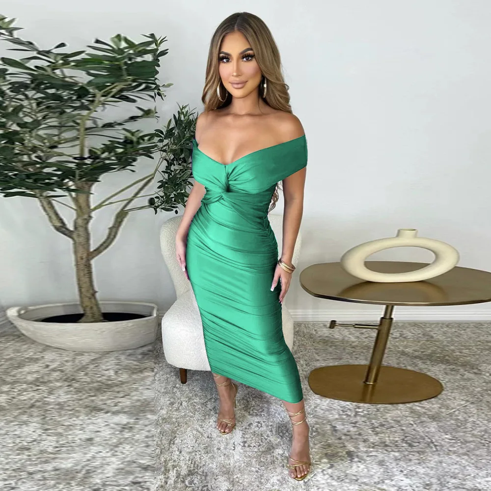 

Sexy Off Shoulder Pleated Evening Dress for Women Backless Evening Party Gown Wrapped Hip Split Slim Fiting Camisole Dress