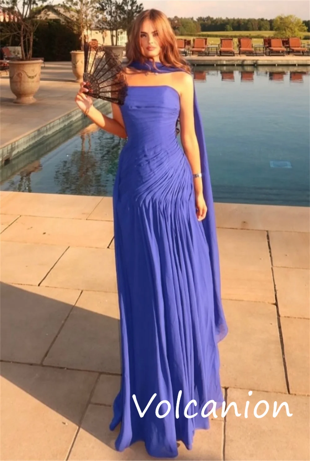 ที่กําหนดเองซับซ้อน Jersey Pleat A-Line Strapless ชุดเดรสยาว Bespoke โอกาสสไตล์จีน Pastoral