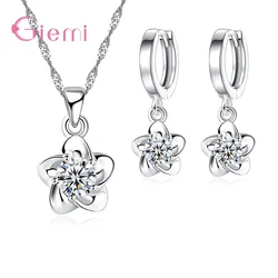 Fashion Simple 925 Sterling Silver Plum Blossom Pendant Necklace Earring for Women Girl Cubic Zircon Jewelry Sets Bijoux