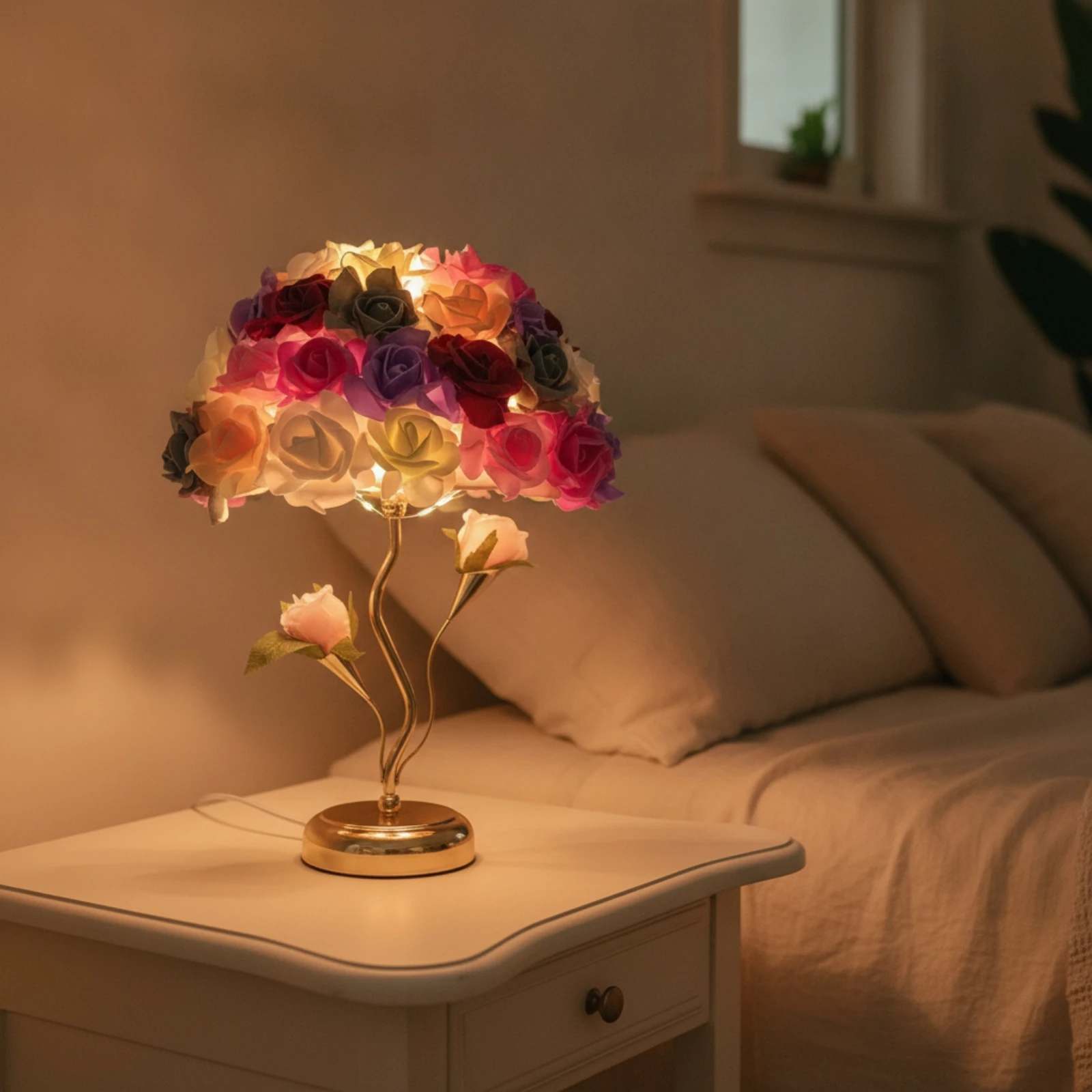 Rose Lamp Decorative Floral Table Lamp Multicolor Gold-Tone for Bedroom, Living Room view 4