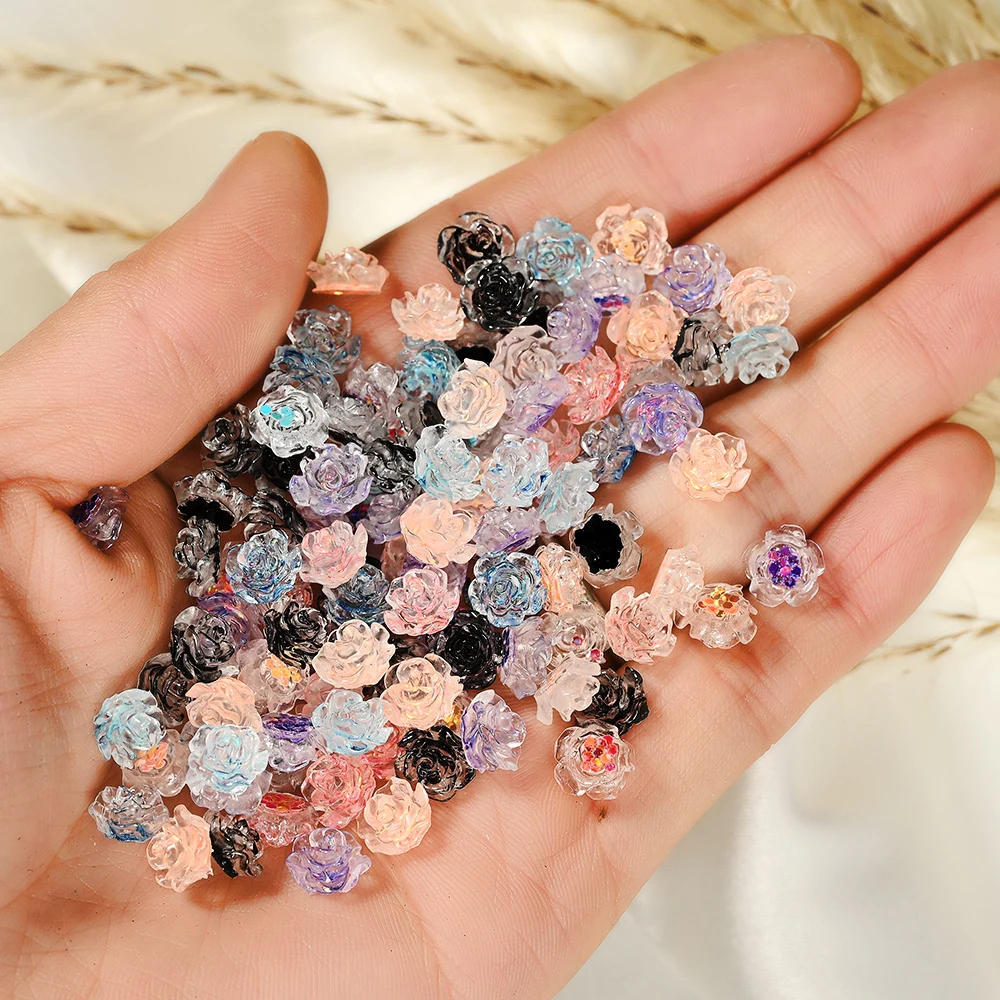 100Pcs 6/8mm 3D Acrylic Resin Flowers Nail Charm Aurora Camellia Rhinestone Nail Jewelry Rose Polish Accessories Nail Decoration