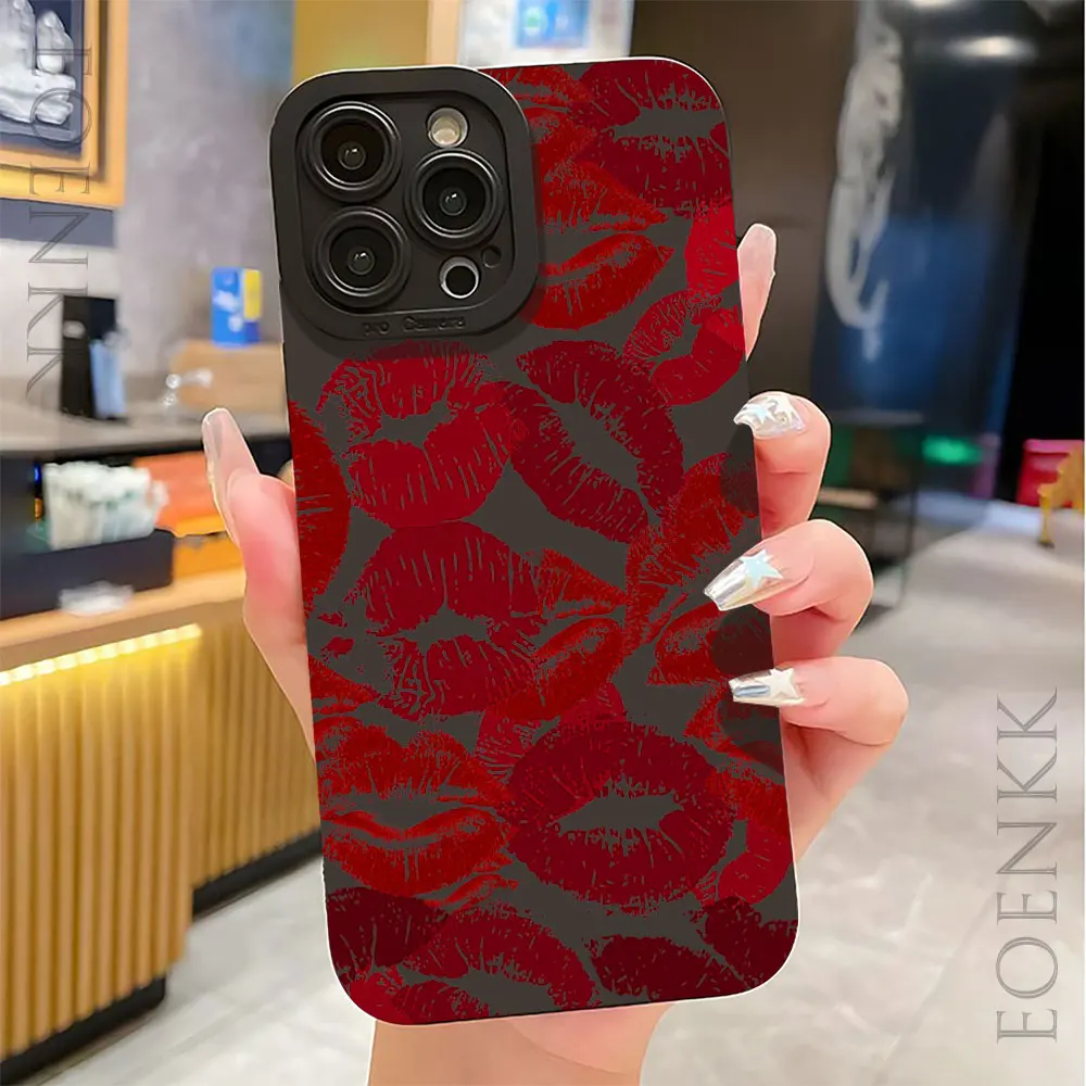 Sexy lábios vermelhos caso de telefone para iphone 15 14 13 12 11 pro max x xr 7 8 14 15 plus 13 mini à prova de choque fosco silicone capa macia