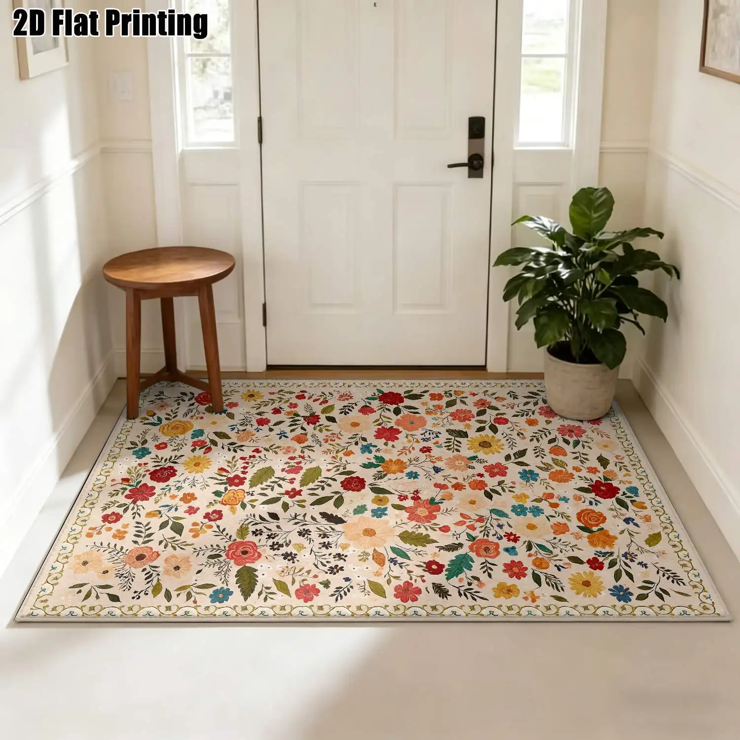 1Pc 2D Printed Retro Floral Carpet, European/Bohemian/Minimalist Style, Multi-Size Washable, Ideal for Home Decor, Entrance/Dining Room/Bedroom/Living Room
