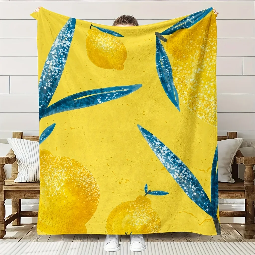 1pc Soft Lemon Flannel Throw Blanket - Bright Yellow with Lemon Slices, All-Season Couch Bedspread - Machine Washable Decorative