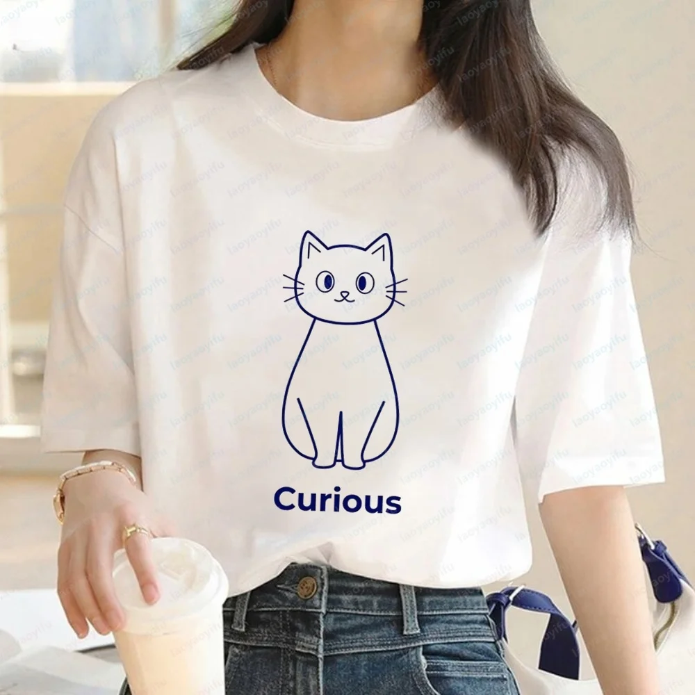 Minimalist Curious Cat Line Art Kawaii Kitten Design Female Y2K Loose Tee Retro Print Short Sleeve T-shirt Teen Girls Ropa Muje