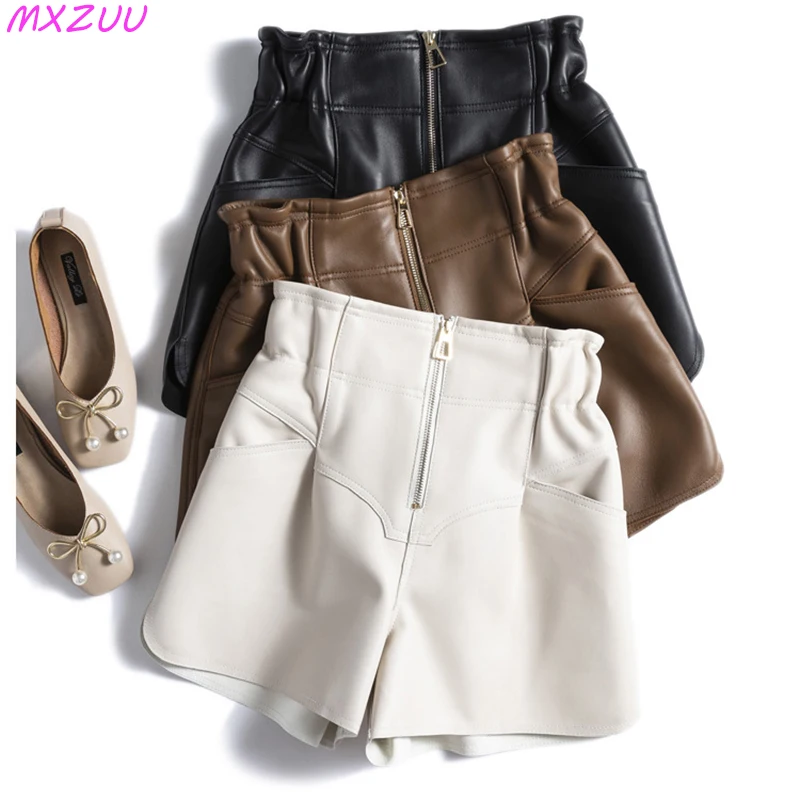 Elegant Leather Shorts Feminino Cintura Alta Flower Bud Wide Leg Pant Korean Streetwear Women Sheepskin Casual Slim Mini Spodnie