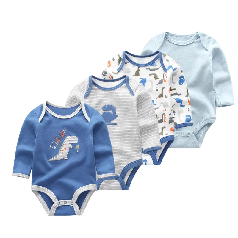 kiddiezoom 4Pcs 0-1Y Unisex Infant Short Sleeve Bodysuit, Multi Solid & Cartoon Print Breathable Cotton Baby Daily Outfit
